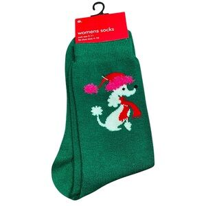 Women's Green Socks with Christmas Poodle Design